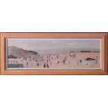 Fred Yates (1922-2008) 'A Gathering of People on a Beach' oil on board, 13cm x 41cm, signed,