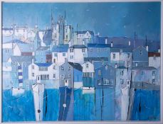 Jean May Parsons, 'Summer Time Blues, Fowey' signed acrylic on canvas, 75cm x 100cm, framed.