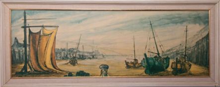 Ben Maile (1922-2017) 'Boats' print, signed, 31cm x 92cm, framed.