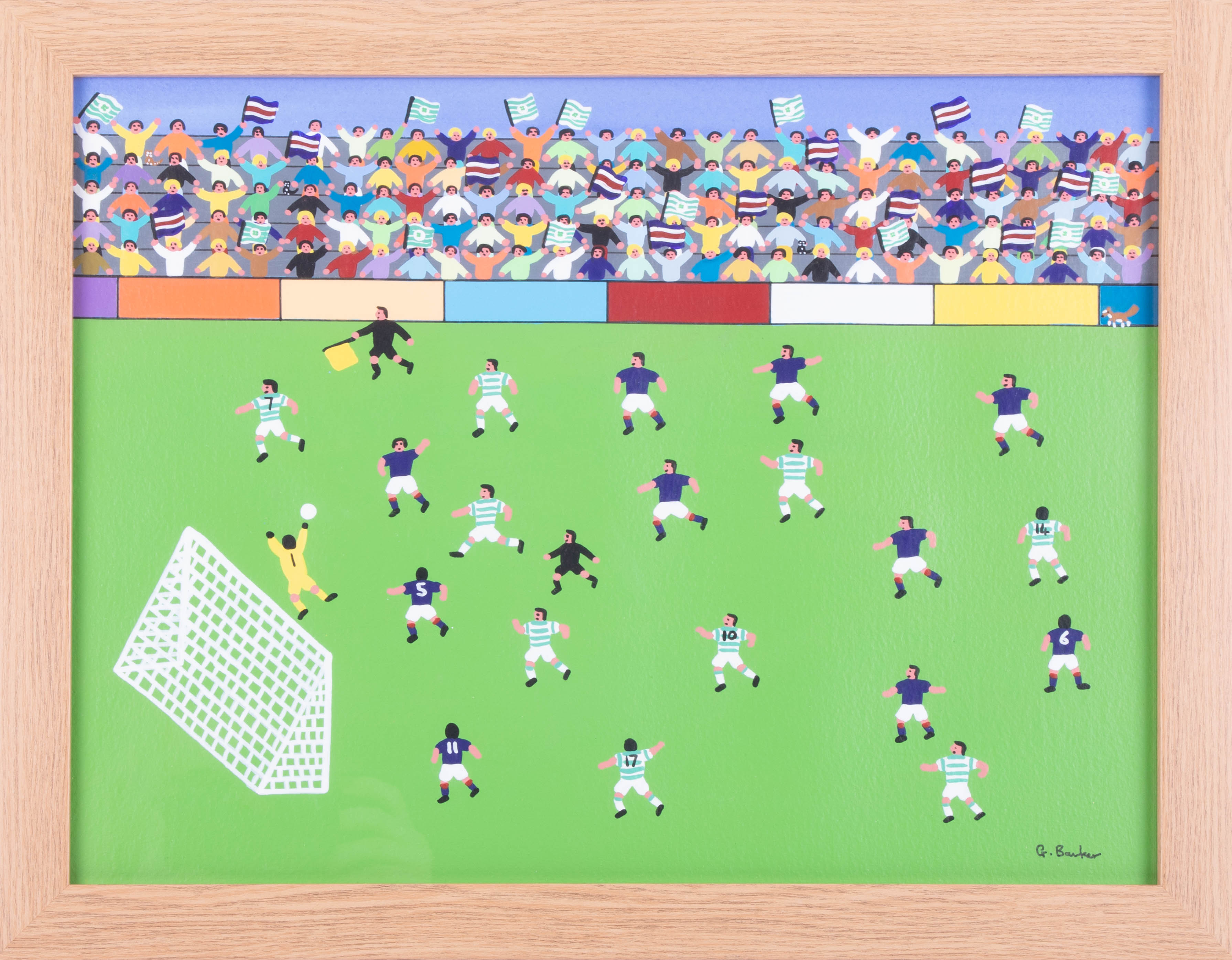 Gordon Barker (contemporary Devon artist), acrylic on paper, 'A Shot At Goal', 29cm x 39cm, framed