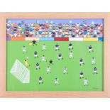 Gordon Barker (contemporary Devon artist), acrylic on paper, 'A Shot At Goal', 29cm x 39cm, framed