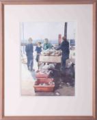 Michael D Hill, 'Fish Market' signed watercolour, 35cm x 26cm, framed and glazed.