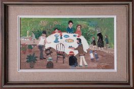 Fred Yates (1922-2008) 'The Tea Party' oil on board, 14cm x 25cm, signed, titled on reverse, framed.