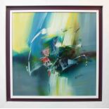 Wilkinson, contemporary abstract painting, oil on board in white floating frame, signed and