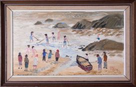 Fred Yates (1922-2008) 'Figures on the Beach' (probably Cornwall) oil on board, 23cm x 40cm, signed,