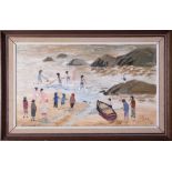 Fred Yates (1922-2008) 'Figures on the Beach' (probably Cornwall) oil on board, 23cm x 40cm, signed,