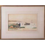 George Oyston (1861-1937), 1896 signed watercolour, 'Figures on the beach, fishing boats', 20cm x