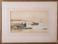 George Oyston (1861-1937), 1896 signed watercolour, 'Figures on the beach, fishing boats', 20cm x