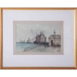 Lilts?, signed watercolour 'Sailing Ships on the Quay', 20cm x 33cm, framed and glazed.