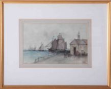 Lilts?, signed watercolour 'Sailing Ships on the Quay', 20cm x 33cm, framed and glazed.