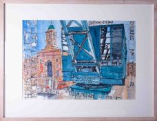 Richard Allman, 'Cranes, Royal William Yard', signed watercolour, 50cm x 70cm, framed and glazed.