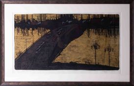 Tretyakov Nikolay Yakorlevich, block print, framed and glazed, 40cm x 74cm.