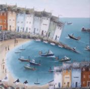 Rebecca Lavasndy?, harbour scene on wrap around canvas, signed, 40cm x 40cm.