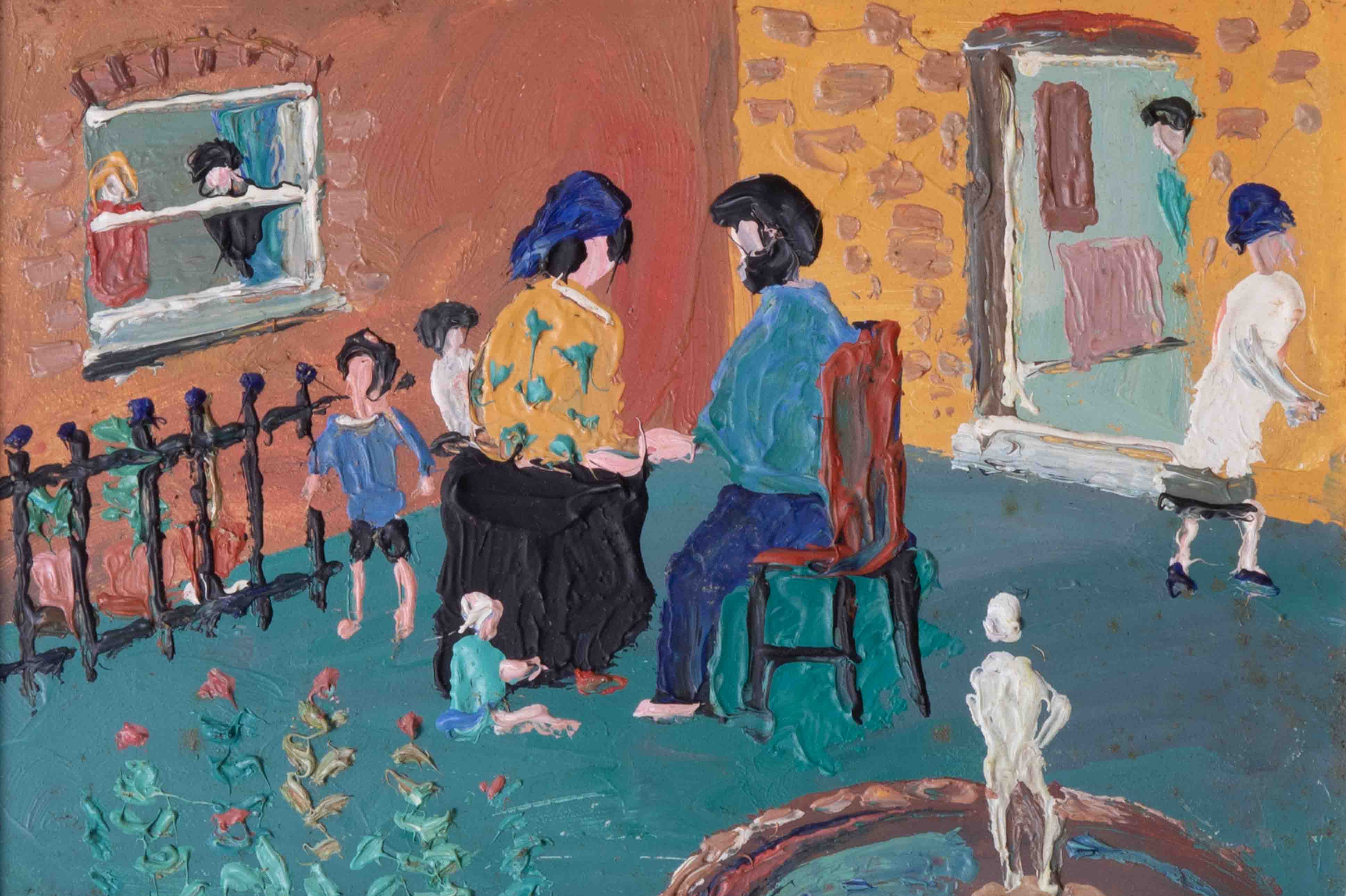 Fred Yates (1922-2008) 'Figures in a Courtyard' oil on board, 11cm x 16cm, framed. The bearded - Image 2 of 3