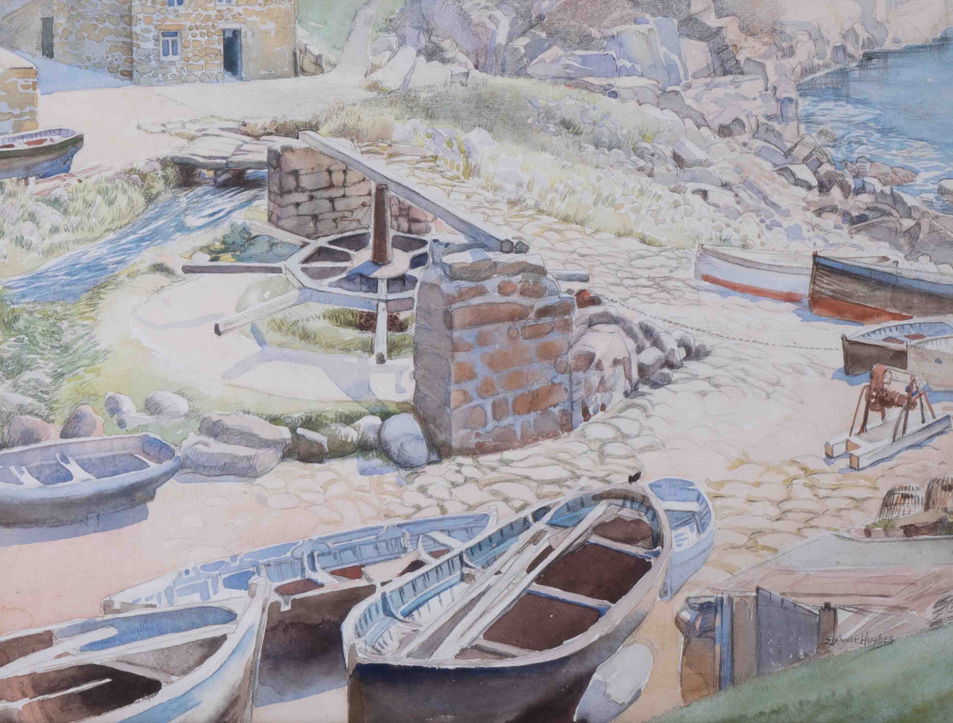 Eleanor Hughes (1882-1959), watercolour, 'Rowing Boats & Loch', 33cm x 45cm, framed and glazed. - Image 2 of 2