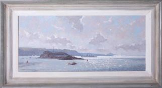 John Webster, oil on board, Plymouth Sound, signed, framed, 29cm x 65cm.