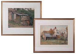 T. Maidment, two signed watercolours of 'Barns', the largest 30cm x 39cm, each framed and glazed (