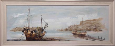 Ben Maile (1922-2017), 'Boats' oil on board, signed, 28cm x 82cm, framed.