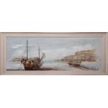 Ben Maile (1922-2017), 'Boats' oil on board, signed, 28cm x 82cm, framed.