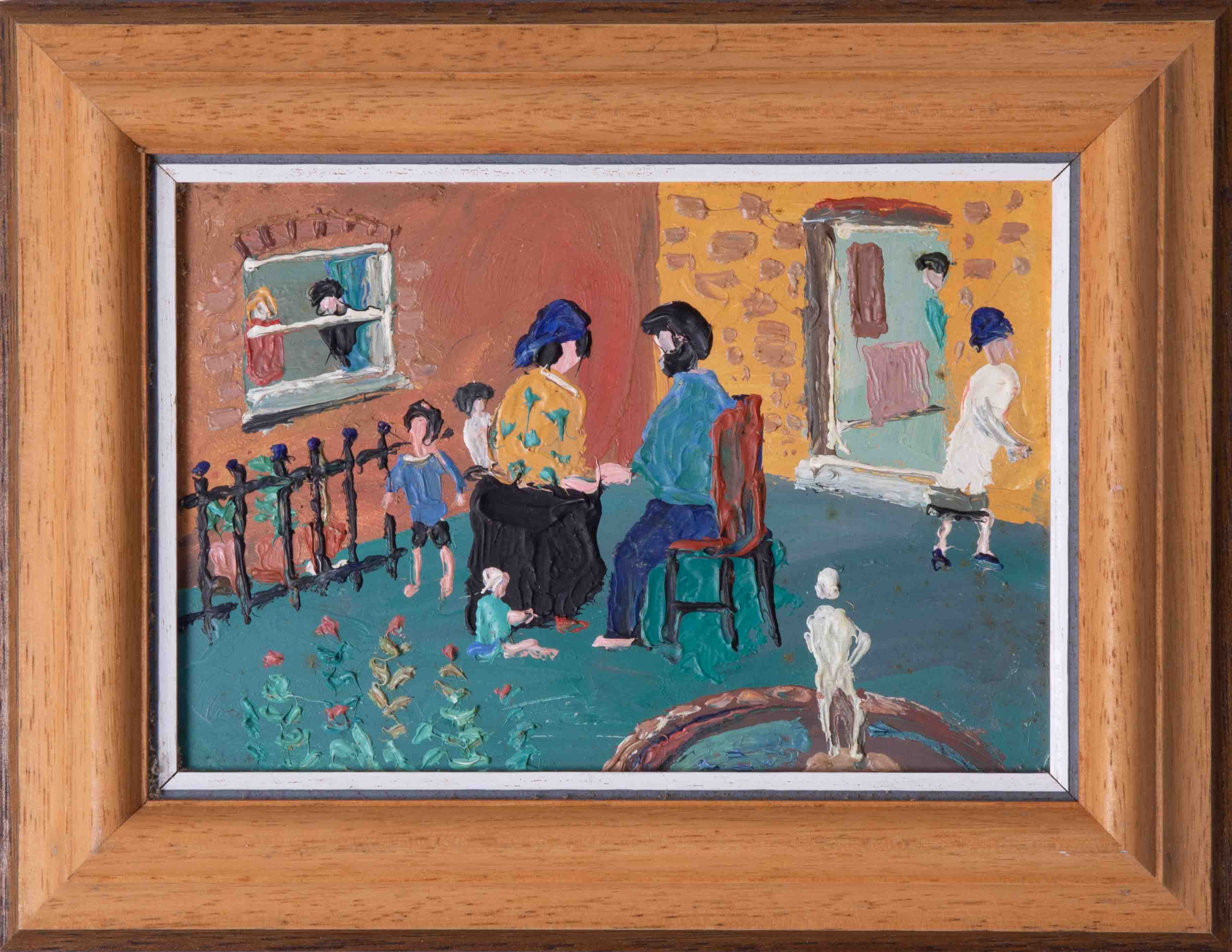 Fred Yates (1922-2008) 'Figures in a Courtyard' oil on board, 11cm x 16cm, framed. The bearded