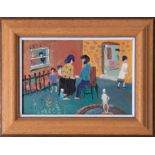 Fred Yates (1922-2008) 'Figures in a Courtyard' oil on board, 11cm x 16cm, framed. The bearded