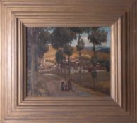 Unsigned oil on board 'Village', 36cm x 44cm, framed.