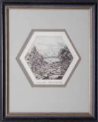 Roger Garland signed print 'Middle Earth' 13cm x 11cm, '89, edition 11/100, framed and glazed.
