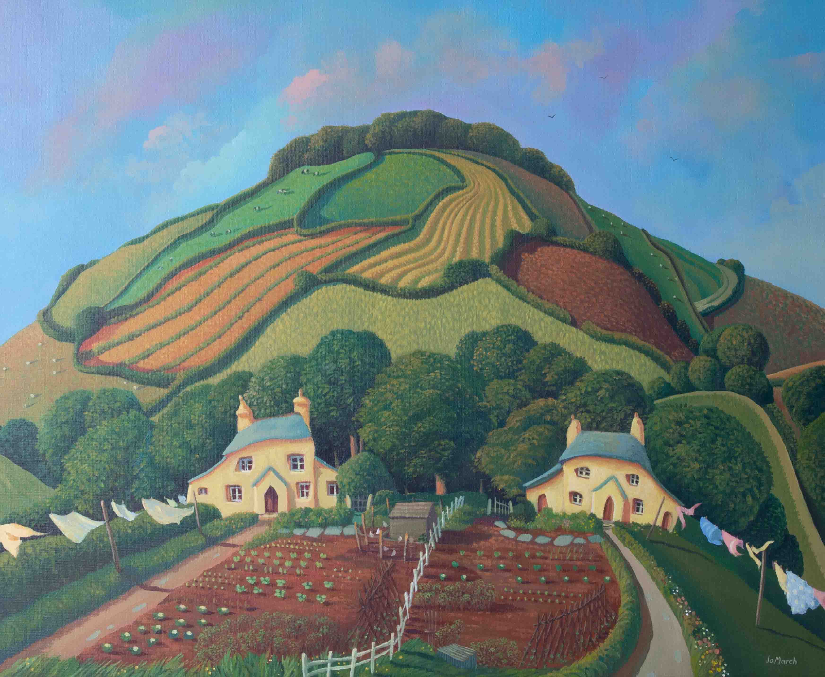 Jo March, 'Two Cottages' signed oil on canvas, 44cm x 34cm, framed. Artist Jo March was born in - Image 2 of 2