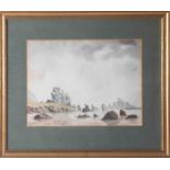 Hugh E Ridge (1899-1976), 'Beach Scene' signed watercolour, 23cm x 32cm, framed and glazed.