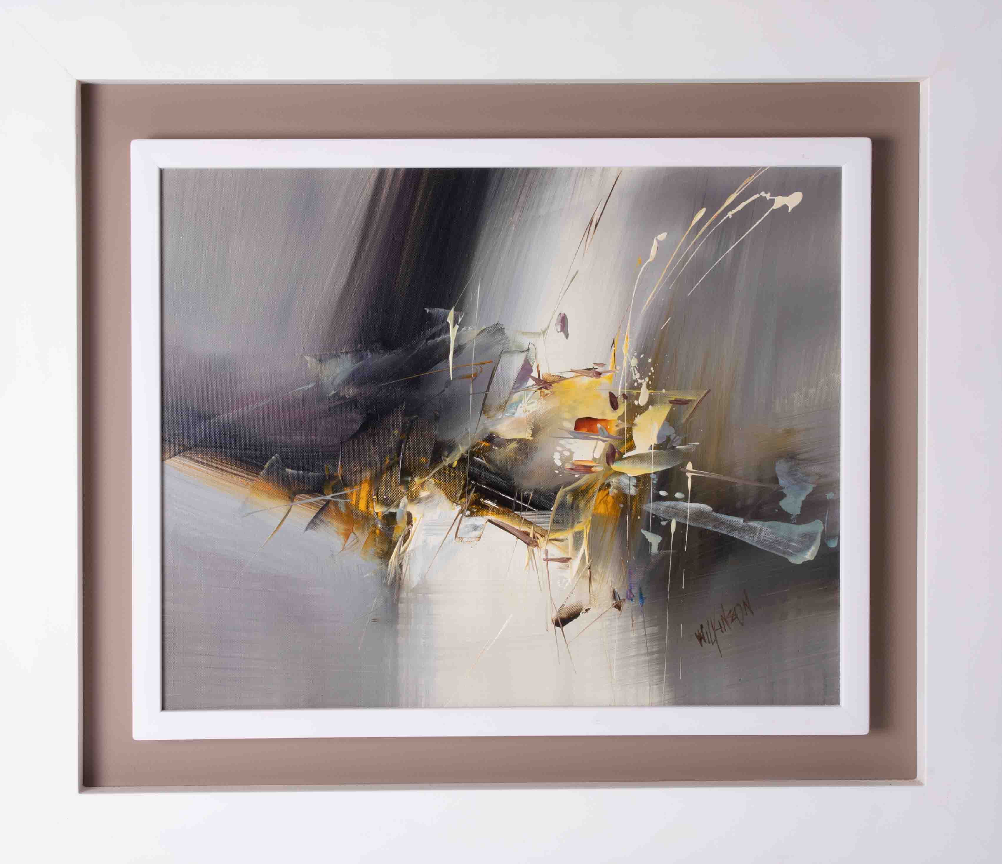 Wilkinson, contemporary abstract painting, oil on board in white floating frame, signed, overall