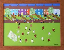 Gordon Barker (contemporary Devon artist), acrylic on paper, 'The Big Game On Saturday', 29cm x