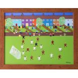 Gordon Barker (contemporary Devon artist), acrylic on paper, 'The Big Game On Saturday', 29cm x