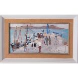 Fred Yates (1922-2008) 'Fishing Boats, Figures on a Pier' oil on board, 15cm x 29cm, signed,