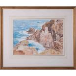 Eleanor Hughes (1882-1959), watercolour, with studio seal, 'Tin Mines & Coastal Cliffs', Cornwall,