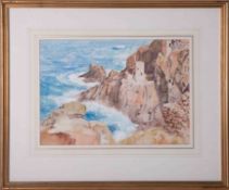 Eleanor Hughes (1882-1959), watercolour, with studio seal, 'Tin Mines & Coastal Cliffs', Cornwall,