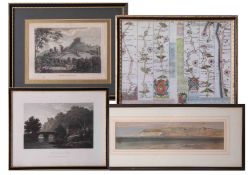 A collection of pictures including T.H.Victor signed watercolour 'Lands End', B.J.M.Donne seascape