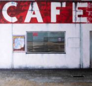 An oil on canvas 'Café', unsigned, unidentifed. 89cm x 95cm, (bought from a gallery in Padstow