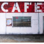 An oil on canvas 'Café', unsigned, unidentifed. 89cm x 95cm, (bought from a gallery in Padstow