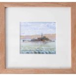 A watercolour of 'West View Of Drakes Island', signed and dated to the rear, 7cm x 8.5cm, framed and