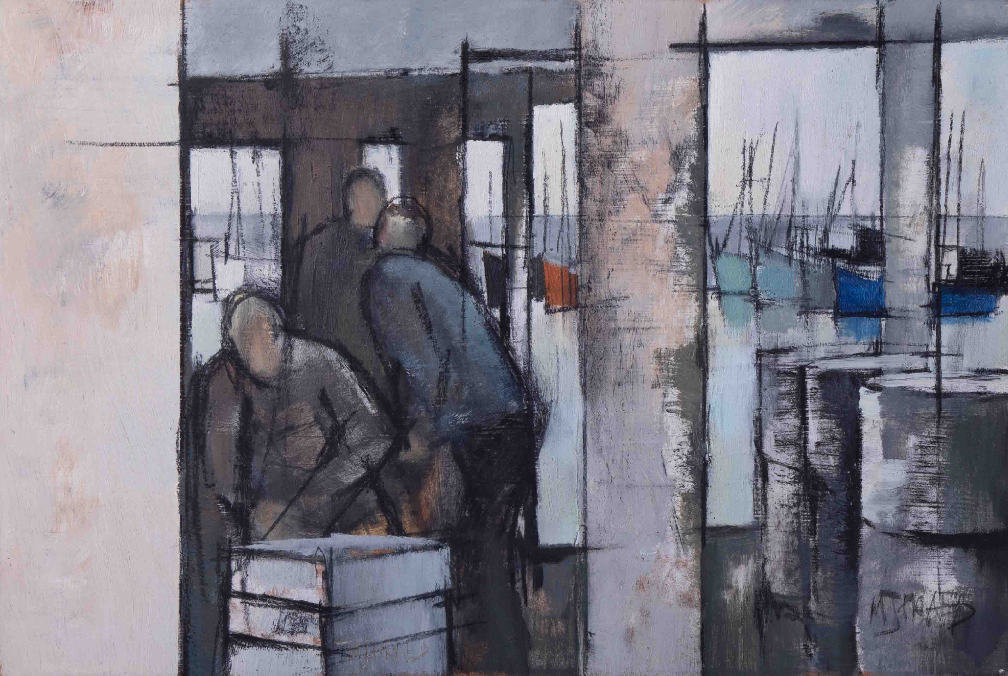 Michael J Praed (British, b. 1941), oil on board, 'Fish Market series 87, number 1' signed and