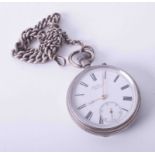 J.W.Benson, London, a silver open face keyless pocket watch with silver guard chain.