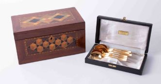 Mahogany tea caddy with parquetry inlay together with a cased set of six Solingen gold plated