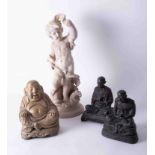 A pair of modern metal figures of seated Eastern figures with inscription to base together with a