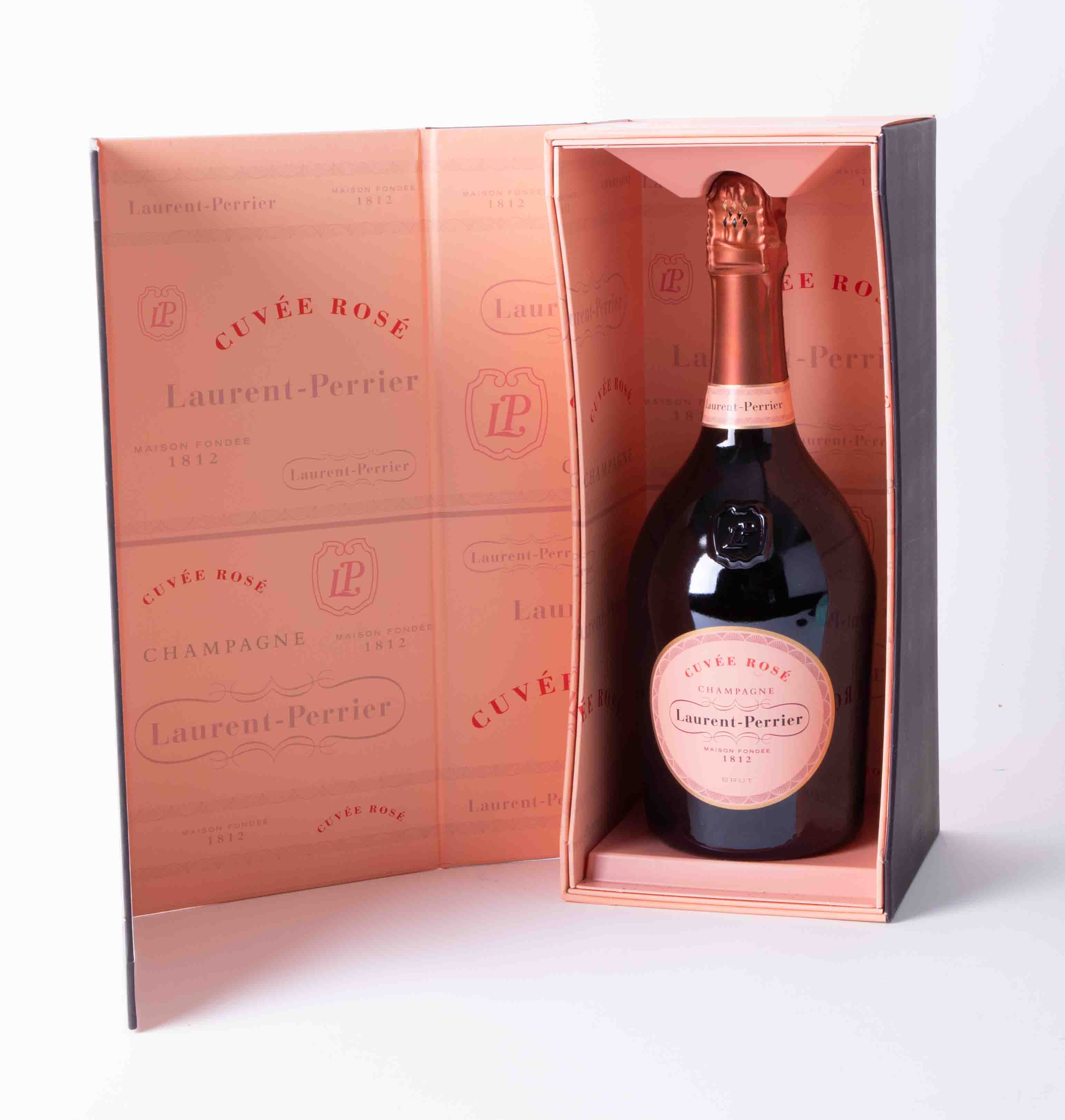 A bottle of Laurent-Perrier, rose champagne 1812, boxed.