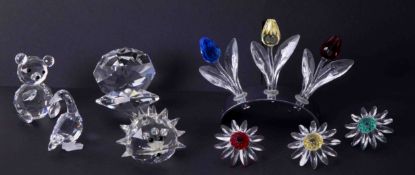 Swarovski Crystal Glass, mixed collection including Tulips on a Stand, Flowers, Hedgehog, Duck, Bear