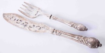 A pair of Victorian silver fish servers with silver etched & pierced pattern blades, maker J.G.