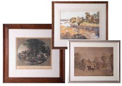 Eight assorted artworks including a pair of engraved prints including Billingsgate, a Victorian