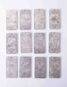 A Chinese Animal Year Maio calendar set (12 in white metal each approx. 10cm x 5cm).