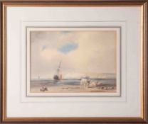 An early 20th Century watercolour indistinctly marked after Briut?, coastal scene, 20cm x 27cm,