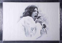 A print "The Rolling Stones in Hyde Park" July 5th 1969, framed and glazed, overall size 56cm x